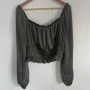 Emerald green satin peasant blouse crop top.